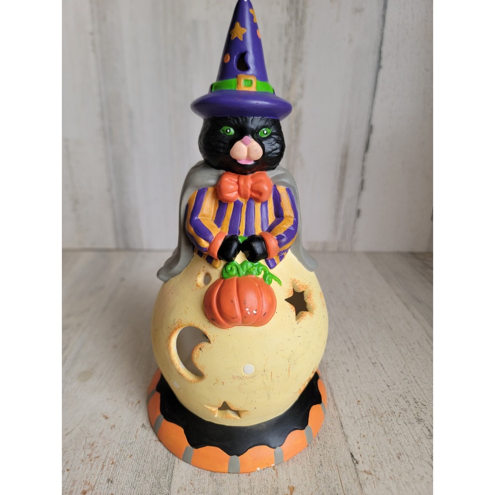 Vintage unique cat wizard tea light candle holder Halloween‎ ceramic figure